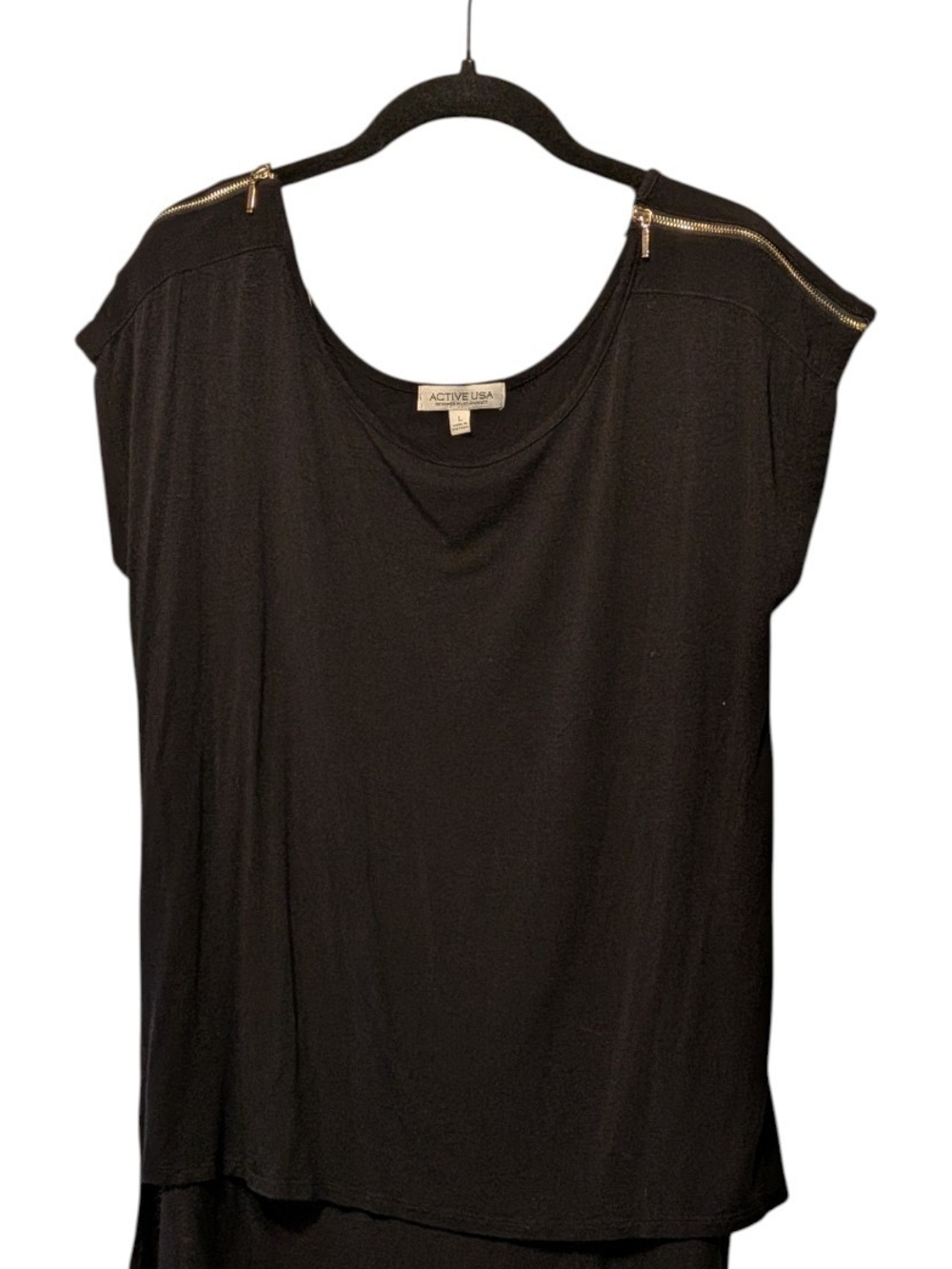 Active USA Black Short-Sleeve Top with Gold Shoulder Zippers